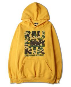 New Men's CAMO CALIFORNIA REPUBLIC YELLOW HOODIE