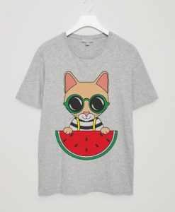 Cat Watermelon Unisex Short Sleeve LIGHT GREY Tee