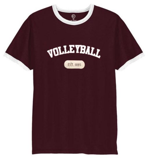 volley ball est 1895 burgundy white ringer t shirts