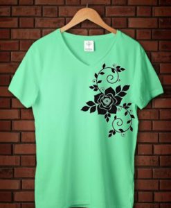 Flowers design on side woman v neck green mint tees