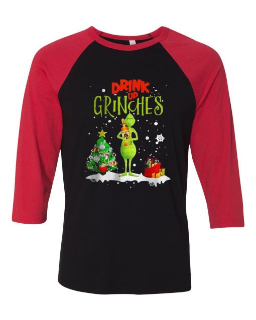 Drink Up Grinches Black Red Sleeves Raglan Tshirts