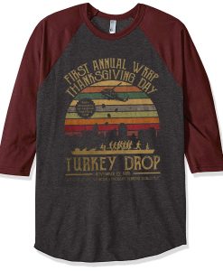 First Annual WKRP FunnyThanksgiving Grey Brown Sleeves Raglan T-shirt