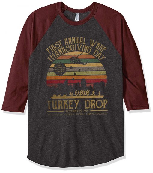 First Annual WKRP FunnyThanksgiving Grey Brown Sleeves Raglan T-shirt