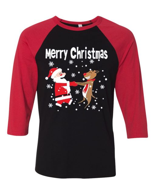 Merry Chirstmas Black Red Sleeves Raglan Tshirts