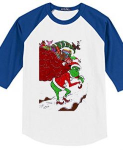 The Grinch Christmast On Snow White Blue Sleeves Raglan Tees