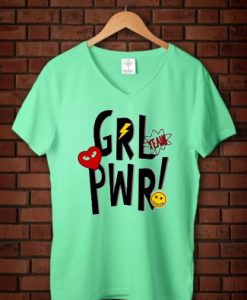 Yeah Girl Power Green Mint V neck WomanT shirts