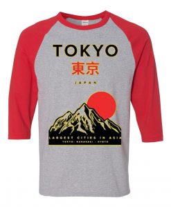 Tokyo Japan Mountain Fuji Grey Red Raglan T shirts