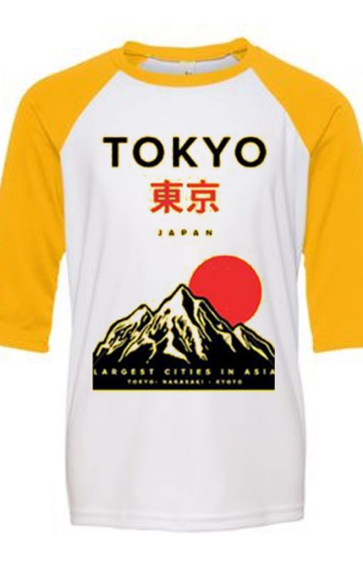 Tokyo Japan Mountain Fuji White Yellow Raglan T shirts