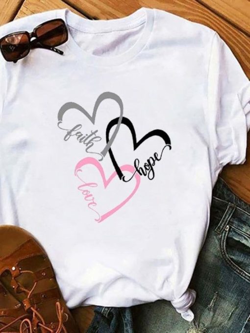 Cute Heart Print Summer White T-Shirt