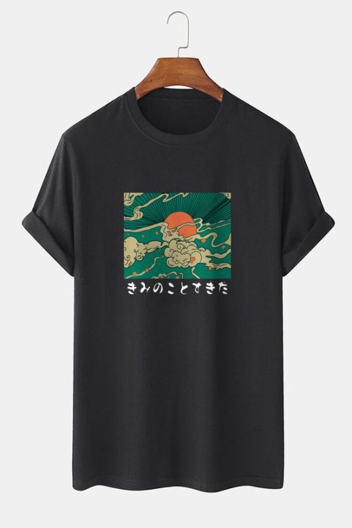 Mens 100% Cotton Ethnic Characters & Ukiyoe Print Short Sleeve T-Shirt