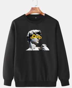 Mens Cotton Portrait Sculpture Sunflower Print Casual Crew Neck