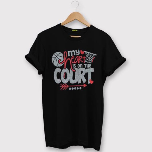 My Heart is on the Court Basketball Mom Glitter T-Shirt